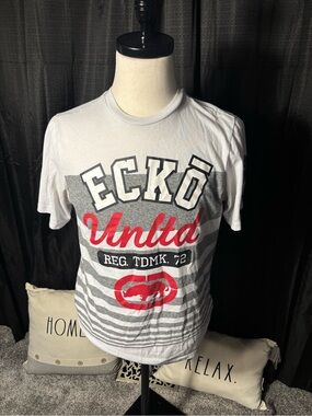Ecko Unlimited White Tee with Gray & Red Logo Seal
